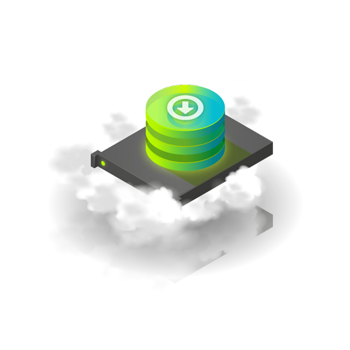 Image - three stacked disks with a download icon on top of a server floating in clouds.