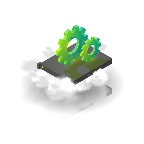 Image - two gears on top of a server floating in clouds.